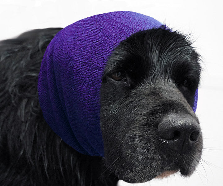 The Happy Hoodie® is the original Head Hug for Pets™. This product muffles the loud noise from velocity driers and keeps the high-pressured, blown air away from the ear canals while absorbing moisture from ears and head, speeding up dry times. Extra Large Puple on Newfandland.