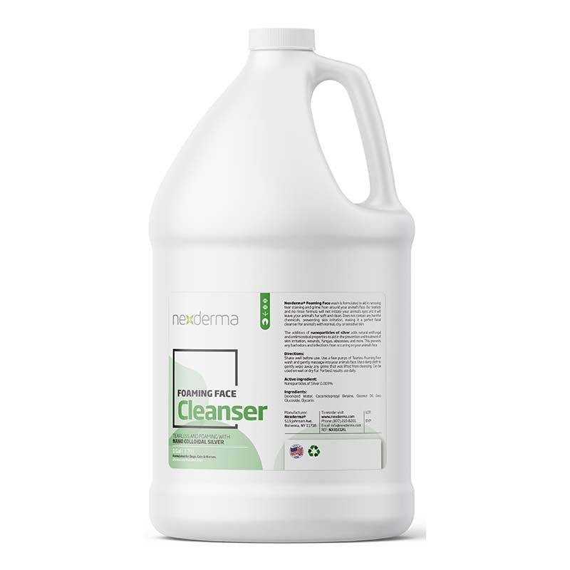 Nexderma Foaming Facial Cleanser is formulated to help remove tear stains and grime from around your pet's face. This tearless, no-rinse formula is non-irritating to the eyes, leaving the coat soft while preventing bad odors. This cleanser works for normal, oily and dry skin and coat types and is odor free. 1 gallon