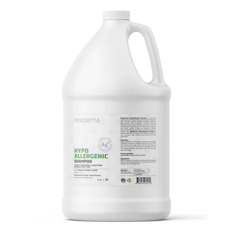 Nexderma Hypoallergenic professional-grade pet shampoo is a gentle, fragrance free cleanser designed for sensitive skin perfect for allergy-prone pets that are not actively experiencing an allergic issues. The no scent formula has been enriched with Aloe Vera, Jojoba Oil, Olive Oil and Glycerin for added hydration without causing skin issues. Gallon