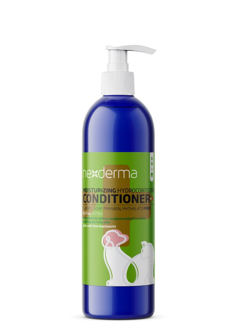 Nexderma pet moisturizing hydrocortisone conditioner with triple action effectively hydrates and relieves dry, itchy skin, and helps to detangle fur and eliminate matting, leaving your pet's coat soft and glossy. This hypoallergenic conditioner for sensitive skin uses cosmetic mineral oil which creates a barrier on the skin to lock in moisture while not clogging pores. Hydrocortisone instantly relieves itchy symptoms and reduces inflammation. 16 fl oz.