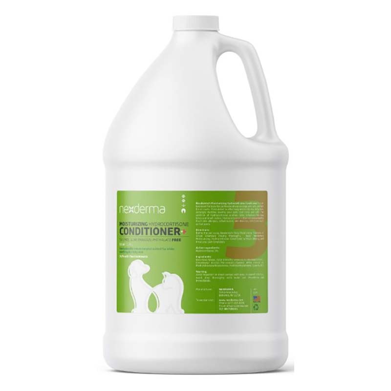 Nexderma pet moisturizing hydrocortisone conditioner with triple action effectively hydrates and relieves dry, itchy skin, and helps to detangle fur and eliminate matting, leaving your pet's coat soft and glossy. This hypoallergenic conditioner for sensitive skin uses cosmetic mineral oil which creates a barrier on the skin to lock in moisture while not clogging pores. Hydrocortisone instantly relieves itchy symptoms and reduces inflammation. 1 Gallon.