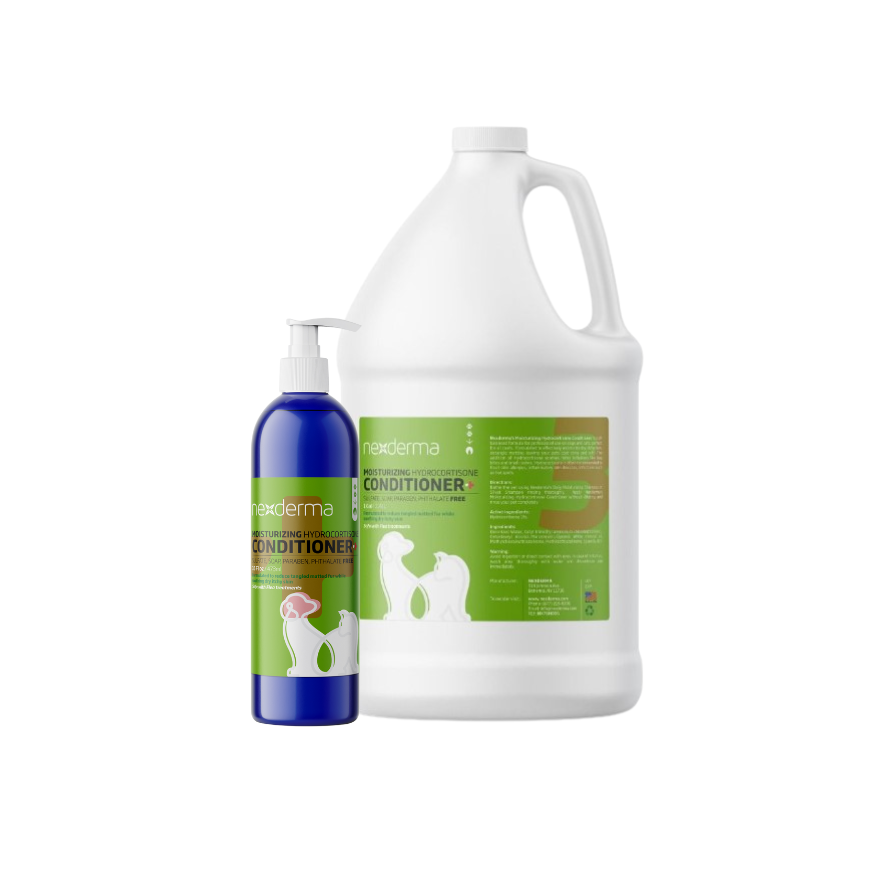 Nexderma pet moisturizing hydrocortisone conditioner with triple action effectively hydrates and relieves dry, itchy skin, and helps to detangle fur and eliminate matting, leaving your pet's coat soft and glossy. This hypoallergenic conditioner for sensitive skin uses cosmetic mineral oil which creates a barrier on the skin to lock in moisture while not clogging pores. Hydrocortisone instantly relieves itchy symptoms and reduces inflammation.. All Sizes.