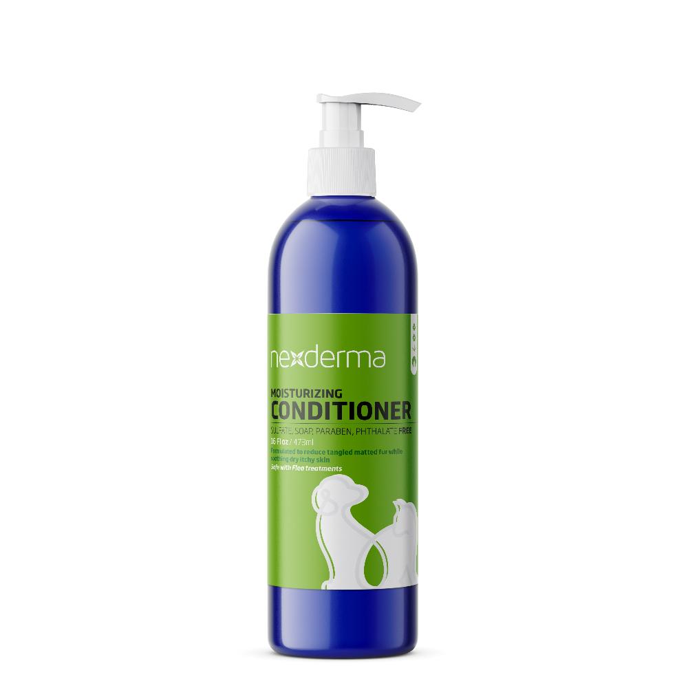 Nexderma pet moisturizing conditioner effectively hydrates and relieves dry, itchy skin, and helps to detangle fur and eliminate matting, leaving your pet's coat soft and glossy. This hypoallergenic conditioner for sensitive skin uses cosmetic mineral oil which creates a barrier on the skin to lock in moisture while not clogging pores. 16 oz .