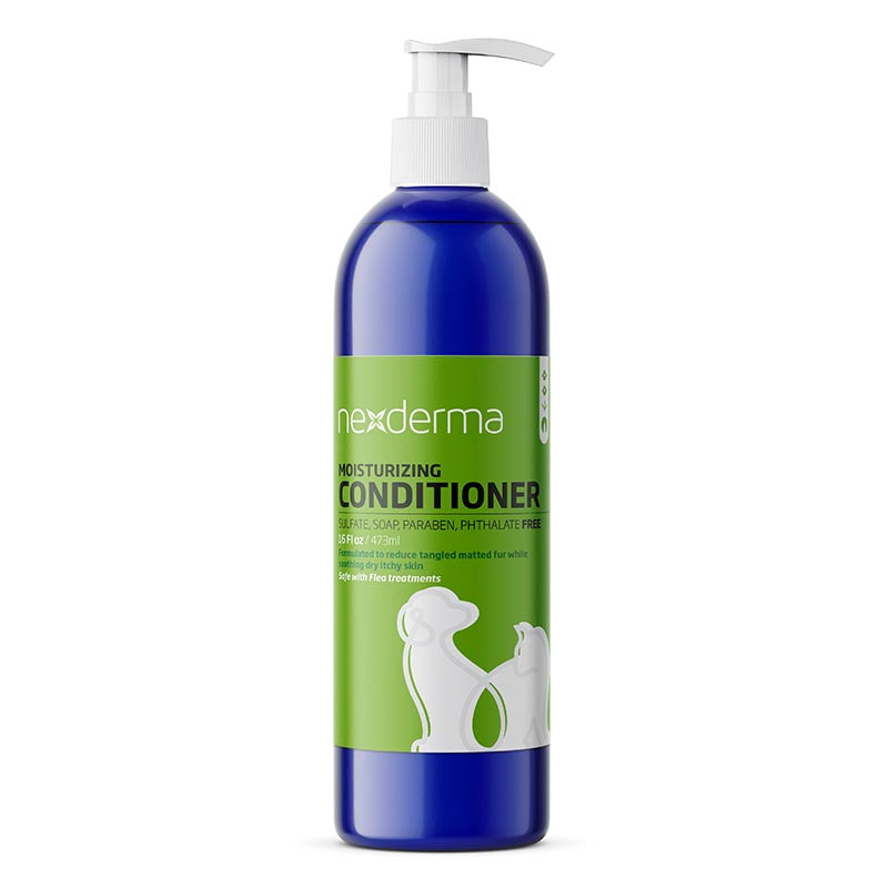 Nexderma pet moisturizing conditioner effectively hydrates and relieves dry, itchy skin, and helps to detangle fur and eliminate matting, leaving your pet's coat soft and glossy. This hypoallergenic conditioner for sensitive skin uses cosmetic mineral oil which creates a barrier on the skin to lock in moisture while not clogging pores. 16 oz .