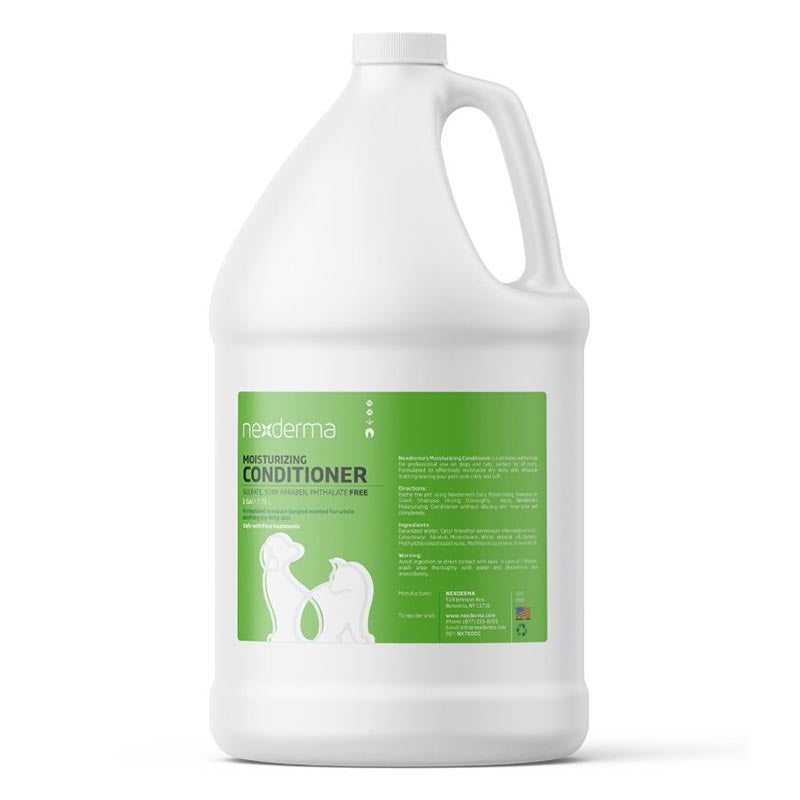 Nexderma pet moisturizing conditioner effectively hydrates and relieves dry, itchy skin, and helps to detangle fur and eliminate matting, leaving your pet's coat soft and glossy. This hypoallergenic conditioner for sensitive skin uses cosmetic mineral oil which creates a barrier on the skin to lock in moisture while not clogging pores. 1 gallon