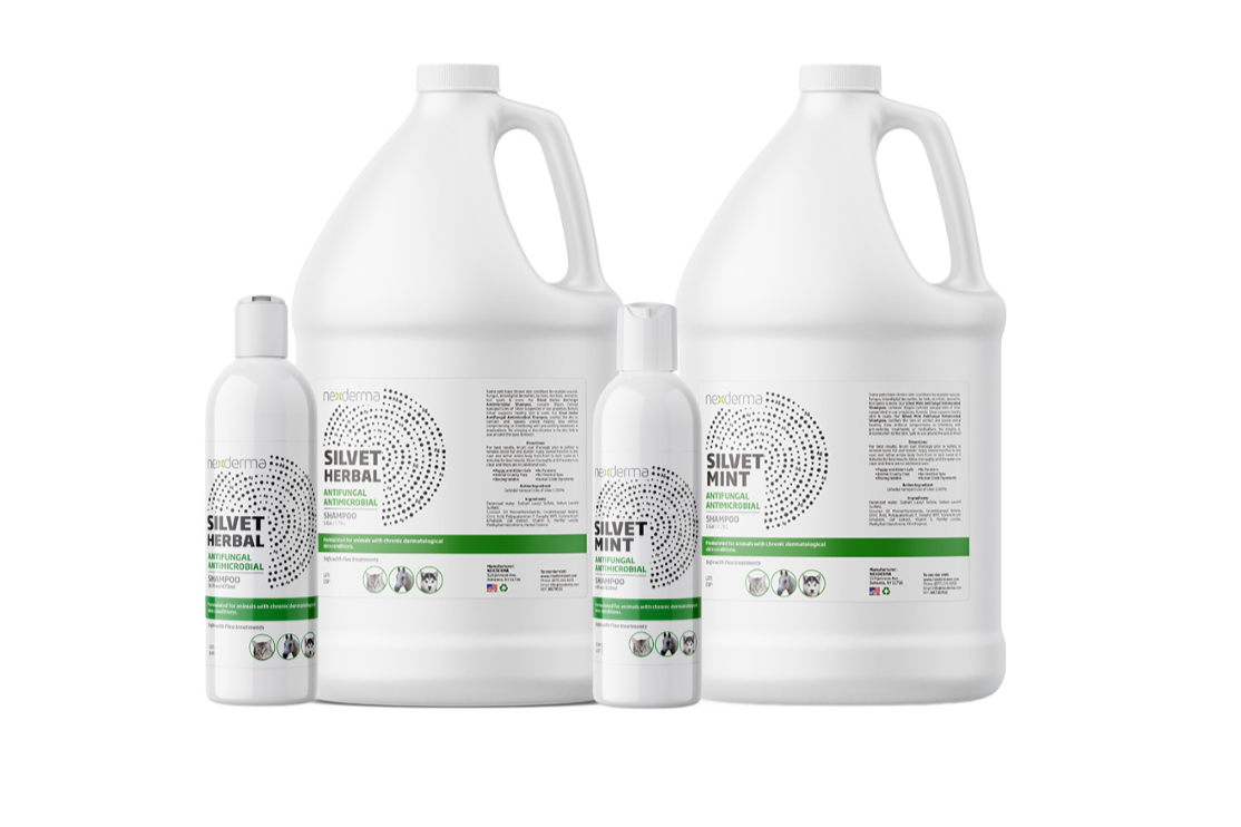 Nexderma Silvet Antifungal & Antimicrobial Pet Shampoo contains 30ppm of Colloidal Nano Particles of Silver, suspended in a Stem-Gel based proprietary formula. This advanced product supports healthy skin and coat, relieving pain, itching, swelling and stinging, while clinically proven to speed up healing of common skin conditions. The shampoo come in two lightly scented fragrances Mint and Herb. All Fragrances and sizes.