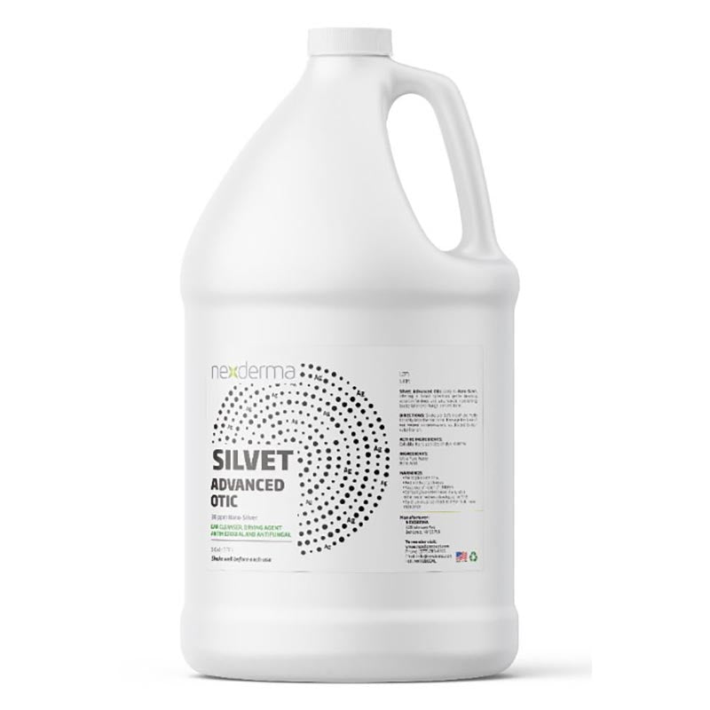 Silvet Advanced Otic Pet Ear Cleaner for Professional Pet Groomers is an antibacterial/antifungal neutral deep cleansing formulation utilizing Colloidal Silver and Boric Acid. This odorless, astringent, general broad-spectrum cleanser dries the ear by pulling moisture out without the use of harsh chemicals. 1 Gallon