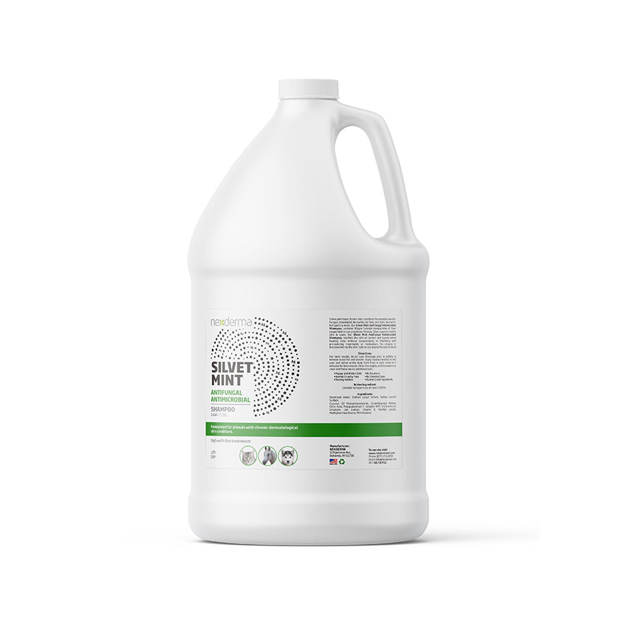 Nexderma Silvet Antifungal & Antimicrobial Pet Shampoo contains 30ppm of Colloidal Nano Particles of Silver, suspended in a Stem-Gel based proprietary formula. This advanced product supports healthy skin and coat, relieving pain, itching, swelling and stinging, while clinically proven to speed up healing of common skin conditions. Mint fragrance 16oz.