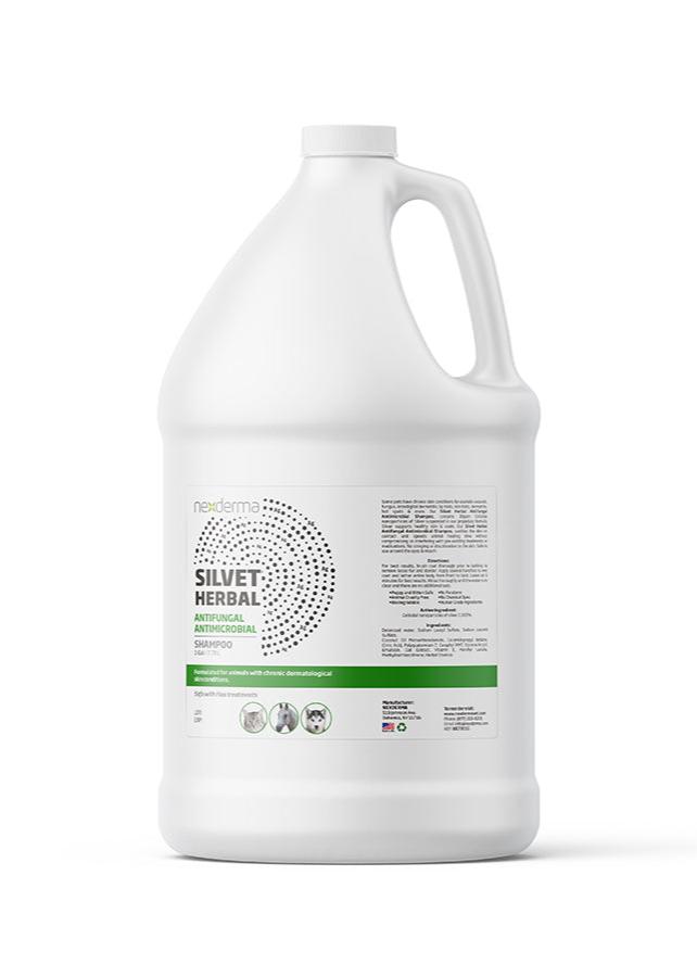Nexderma Silvet Antifungal & Antimicrobial Pet Shampoo contains 30ppm of Colloidal Nano Particles of Silver, suspended in a Stem-Gel based proprietary formula. This advanced product supports healthy skin and coat, relieving pain, itching, swelling and stinging, while clinically proven to speed up healing of common skin conditions. Herbal fragrance 1 gallon
