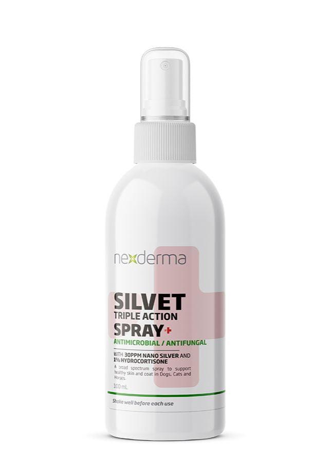 Nexderma Silvet Spray has been designed to support the healing and care of skin irritations. It has been found to help treat skin irritations, wounds, fungi, hot spots, burns, abscesses, sores, thrush, rain rot, and ringworm. Available in regular formula or with hydrocortisone for extremely itchy skin. Contains Hydrocortisone.