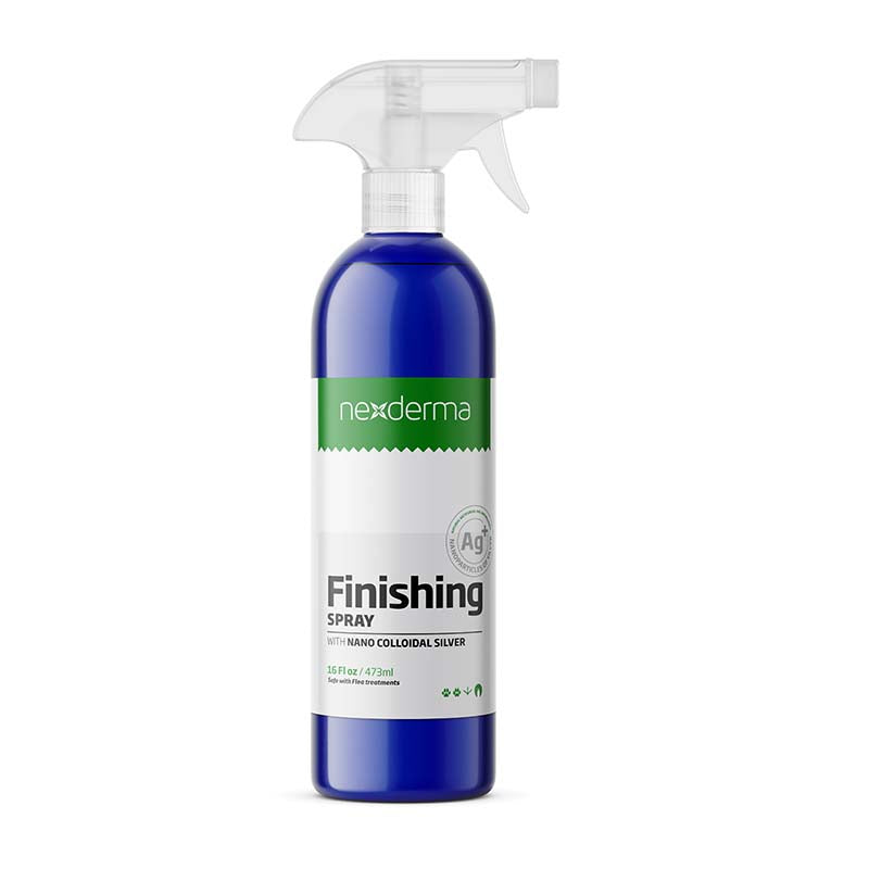 Nexderma finishing spray decreases dry time, leaving the coat shiny and smooth. Silver nanoparticles provide natural antifungal and antimicrobial properties that work with all skin types and allergies. This product works for normal, oily and dry skin and coat types. 16 oz.