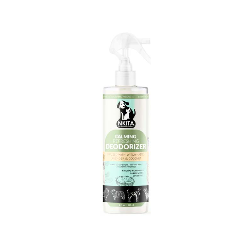 Nkita Deodorizing Spray leaves the coat lightly fragranced with a healthy shine. Created using high-quality botanical ingredients including Witch Hazel and a blend of Coconut and Lavender essential oils. This spray helps soften and detangle your dog's coat without leaving any sticky residue while neutralizing odors from anal gland expressions and skunk spray. Witch Hazel has antibacterial properties that specifically target odors causing bacteria.