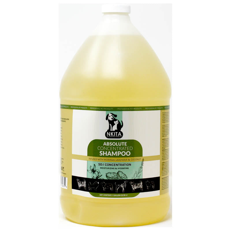 Nkita Professional ABSOLUTE Concentrated Shampoo is a highly concentrated, deep cleansing shampoo that removes oils, grease, dirt, and stains from all coat types and is lightly fragranced to deodorize and leave a clean, fresh scent.