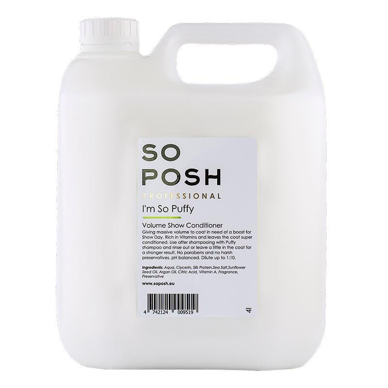 So Posh I'm So Puffy Shampoo is a deep cleaning volumizer that maintains texture with additional hydration and vitamins to strengthen the coat while combating breakage. This formula works great with breeds that need extra volume such as the Poodles, Bichon Frise, Pomeranian or Samoyed. 1.06 gallon or 4 liter.