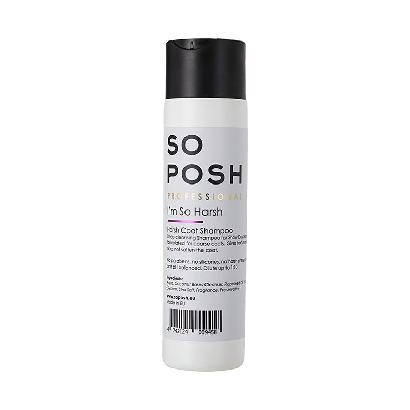 So Posh Harsh Shampoo has been specially formulated for coarse and wiry coats to ensure the perfect balance of texture and shine without softening. Sea Salt is included to help exfoliate and thicken the coat while Canola Oil and Glycerin help moisturize and reduce brittleness. Vitamin E boosts scalp health by improving coat growth while reducing dandruff.