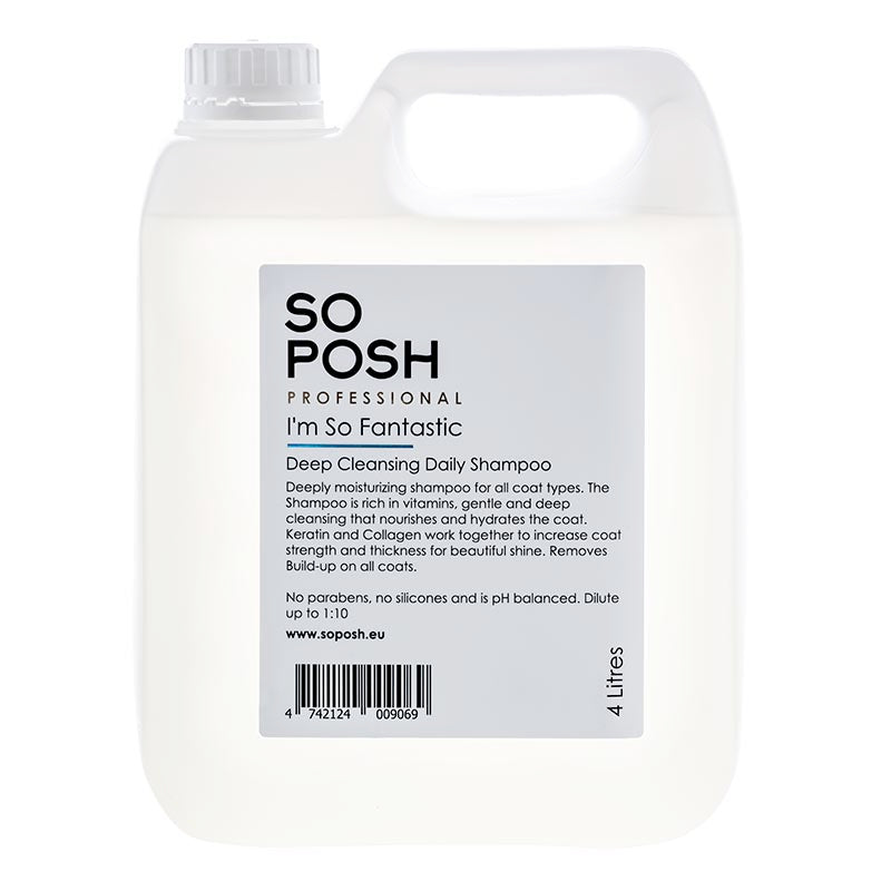 So Posh deep-cleansing dog shampoo removes dirt, grime, and odor, leaving every coat fresh and clean. Optical brighteners work for all colors resulting in brighter whites and deeper colors. This formula is enriched with Rapeseed Oil, Vitamin E, Bio Keratin, and Hydro-Marine Collagen to deeply hydrate and soothe the skin while hydrating the coat to create shine. 1.06 gallon or 4 liter.