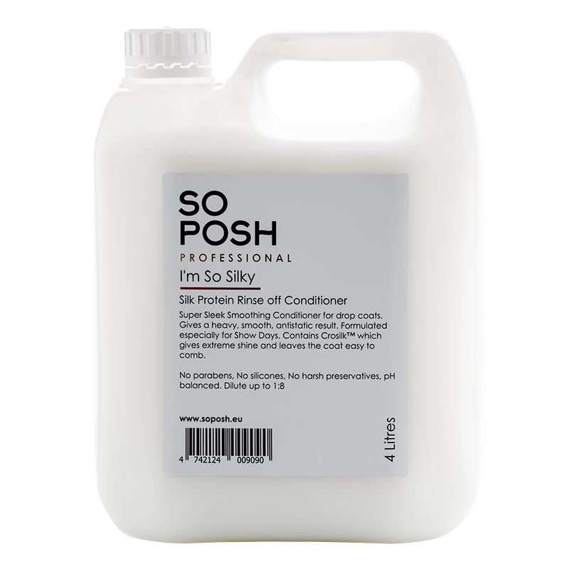 o Posh I'm So Silky Rinse Off Pet Conditioner is enriched with a specialized silk protein blend to reduce tangles and maximize softness and improve texture. I'm So Silky Rinse Off Conditioner uses Crosilk™, a specialized hydrolyzed silk amino acids blend, to deeply penetrate the skin and hair cuticle, leaving the coat easy to comb through and locking in moisture. 1.06 gallon or 4 liters.