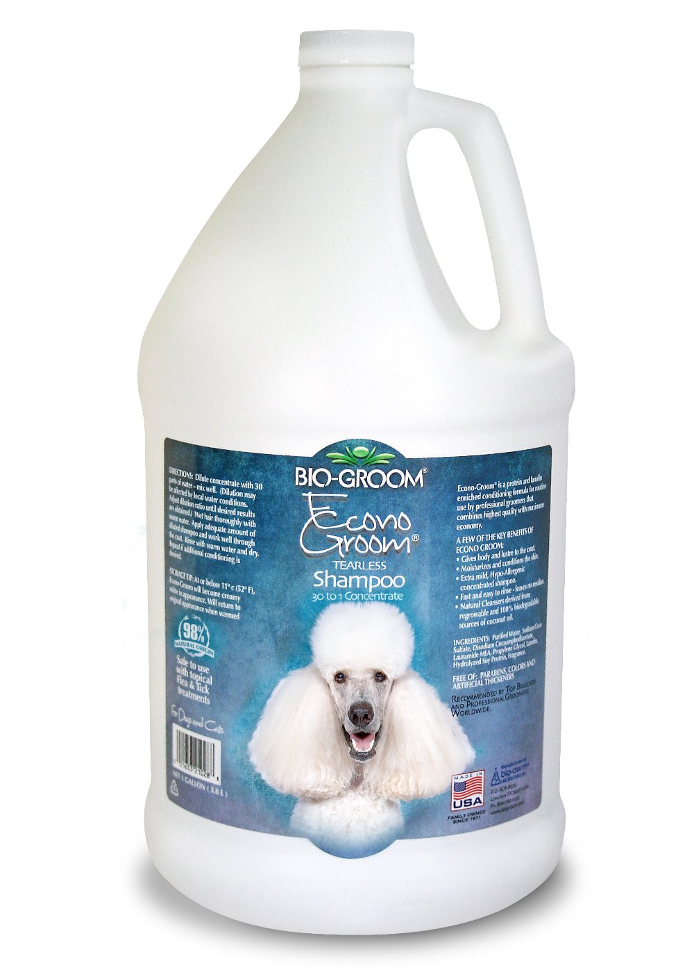 Bio-Groom Econo-Groom® concentrated shampoo is a hypoallergenic and tear-free formula. It's enriched with protein and lanolin for skin and coat hydration, while providing body and shine. Natural cleansers come from 100% biodegradable vegetable-based coconut oil. Free of Parabens, color dyes, and artificial thickeners. 1 Gallon.