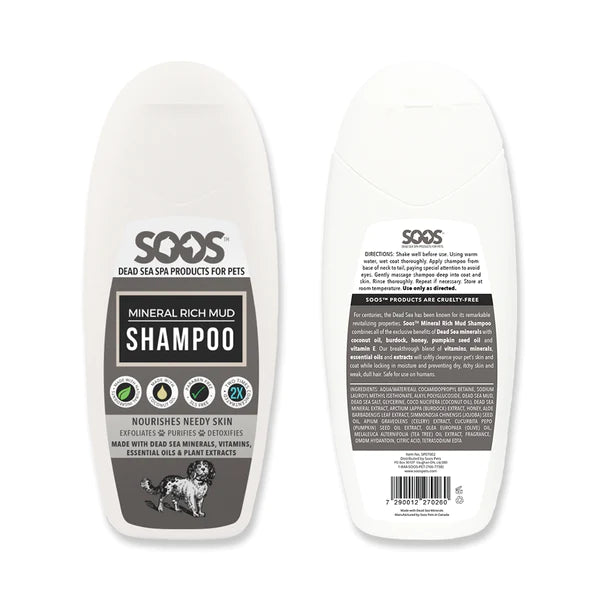 SooS™ Natural Mineral Mud Pet Shampoo uses Dead Sea minerals, vitamins, essential oils, plants, herbs, and roots, to boost immunity, detoxify, exfoliate, promote healthy cell growth, improve circulation, and aid chronic skin conditions such as acne and works well for aging or hairless dogs. 8.45 oz.