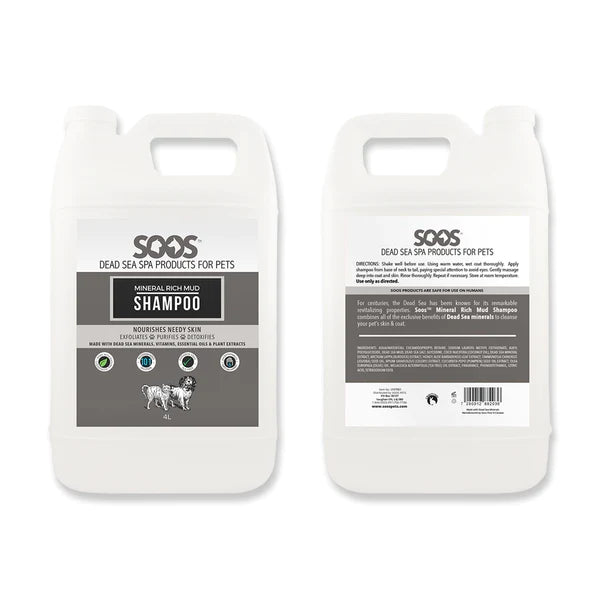 SooS™ Natural Mineral Mud Pet Shampoo uses Dead Sea minerals, vitamins, essential oils, plants, herbs, and roots, to boost immunity, detoxify, exfoliate, promote healthy cell growth, improve circulation, and aid chronic skin conditions such as acne and works well for aging or hairless dogs. 1.32 Gallon or 4 Liter.