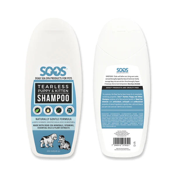 SooS™ Tearless Puppy & Kitten Pet Shampoo cleanses skin and coat gently, without irritation. Its unique blend of Dead Sea minerals, vitamins, oats, coconut, honey, pumpkin seed oil, to nourishes skin and coat, while its pH-balanced and tearless formula keeps delicate skin healthy and hydrated. 8.45 oz.
