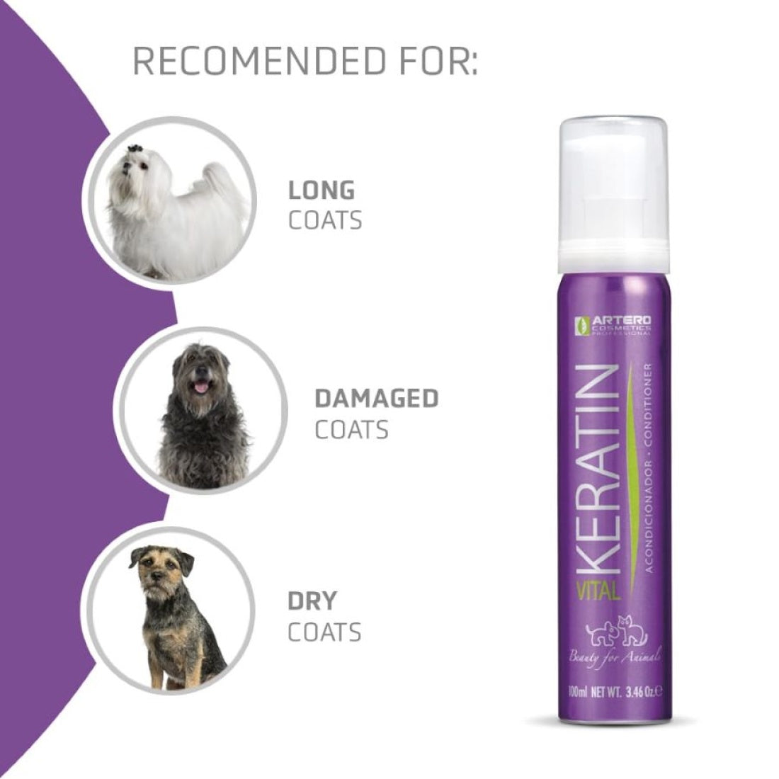 The Artero Keratin Vital Professional Pet Conditioner is scientifically formulated to repair and fortify dry, weakened and damaged coats by locking in moisture and enhances elasticity, restoring natural volume and manageability while reducing split-ends, frizz and static electricity during brushing.