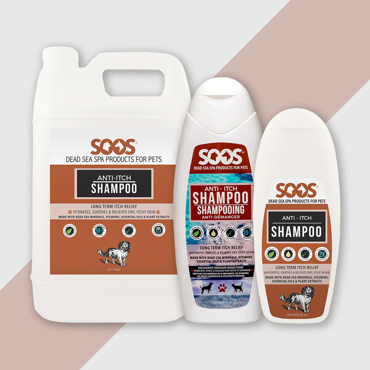 Soos™ Natural Anti-Itch Pet Shampoo works to soothe intense itching with an infusion of Dead Sea minerals, zinc, green tea, chamomile and tea tree oil. The blend of natural ingredients relieves irritation while providing essential nutrients for healthy, hydrated skin.
