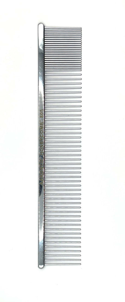 The Aaronco® –  Detailer™ 805 Professional Pet Grooming Comb, re-designed by industry leader Sam Kohl, and to as a poodle comb, is ideal for fluffing and finishing styles for medium to long length coats. The medium tines help lift denser hair for more precision scissoring while blunt teeth prevent skin injury.