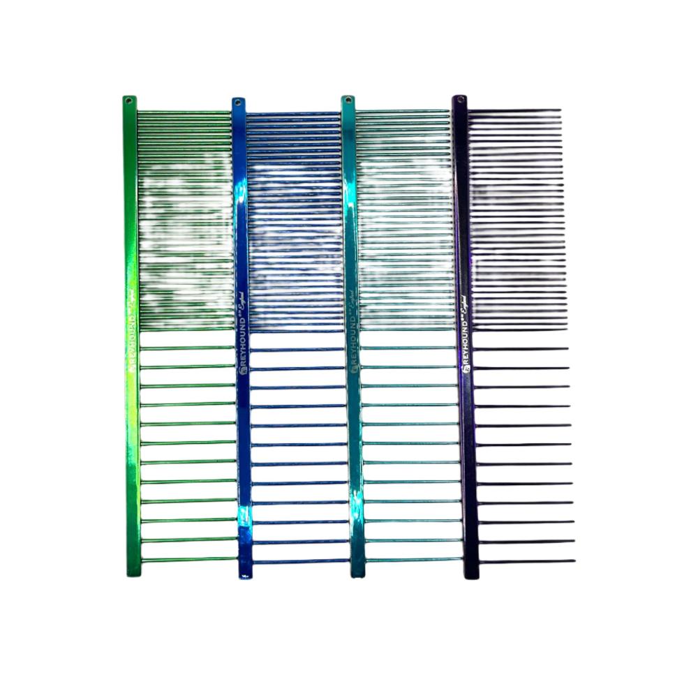 The Greyhound Beast Collection features a 7.6"L x 1.8"W coarse/fine tine combination design making it ideal for fluffing furnishings, heads, and long-coats. These combs are available in the most popular of the "Candy" color scheme. These patented combs are hand drilled and polished using brass spines with carbon steel tapered tines before the colored finishes are applied. Each Greyhound comb features hand-rounded spines and a long-lasting anti-static finish.