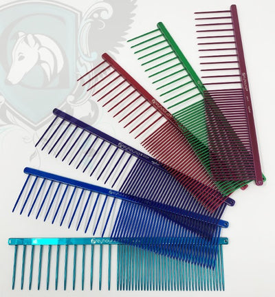The Ashley Craig Beast Professional Pet Grooming Greyhound Comb Collection features a coarse/fine tine design ideal for fluffing furnishings, heads, and long-coated breeds but not remove matts. Comb features hand-rounded spines and a long-lasting anti-static finish. Collection comes in 6 fun colors.