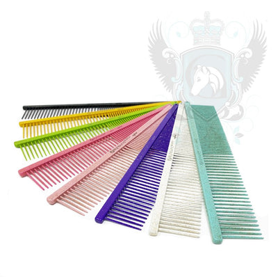 The Ashley Craig Beauty Greyhound Professional Pet Grooming Med/Fine Tine Combination Comb gives superior styling control for all coat types with an antistatic finish. Sparkle Collection comes in 8 colors. Since 1920 these combs are hand drilled using brass spines with carbon steel tapered tines in the UK.