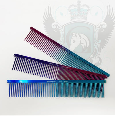 The Ashley Craig Beauty Greyhound Professional Pet Grooming Med/Fine Tine combination gives superior styling control for all coat types with an antistatic finish. Candy Collection comes in 3 colors. Since 1920 these combs are hand drilled and polished using brass spines with carbon steel tapered tines in the UK.