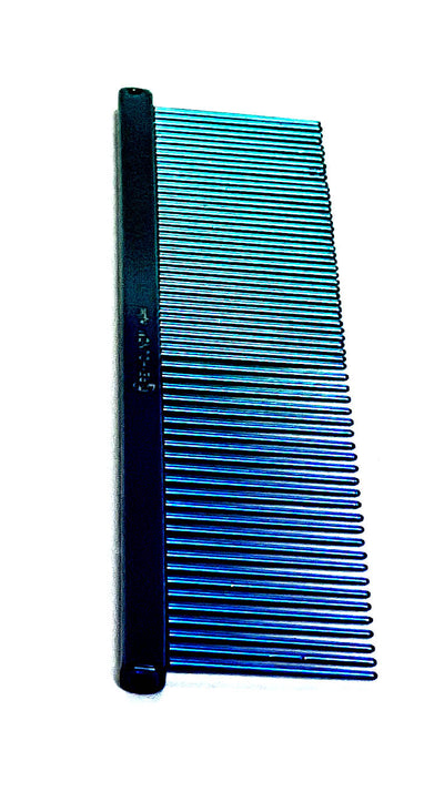The Ashley Craig Beauty Greyhound Professional Pet Grooming Med/Fine Tine combination gives superior styling control for all coat types with an antistatic finish. Candy Collection comes in 3 colors. Since 1920 these combs are hand drilled and polished using brass spines with carbon steel tapered tines in the UK. Blue/Teal Color.