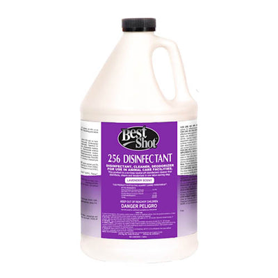 256 Disinfectant by Best Shot is a concentrated disinfectant that cleans and deodorizes general surfaces and tools using a non-corrosive pH neutral formula that is effective against a broad-spectrum of viruses, bacteria and fungus. Safe to use on combs, scissors, clipper blades, nail trimers and carpets. Lavender Fragrance.