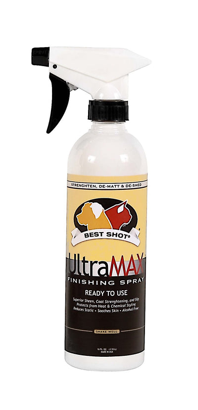 UltraMax Pro finishing spray is a leave-in conditioner used to protect coat from heat, flat ironing and chemical color styling. The formula hydrates the coat, soothes the skin while eliminating static and speeding up drying time. The Silk proteins strengthen, detangle and create a superior shine. 