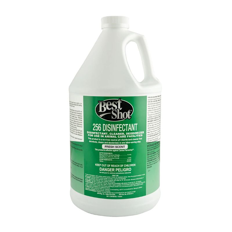 256 Disinfectant by Best Shot is a concentrated disinfectant that cleans and deodorizes general surfaces and tools using a non-corrosive pH neutral formula that is effective against a broad-spectrum of viruses, bacteria and fungus. Safe to use on combs, scissors, clipper blades, nail trimers and carpets. Fresh Scent Fragrance