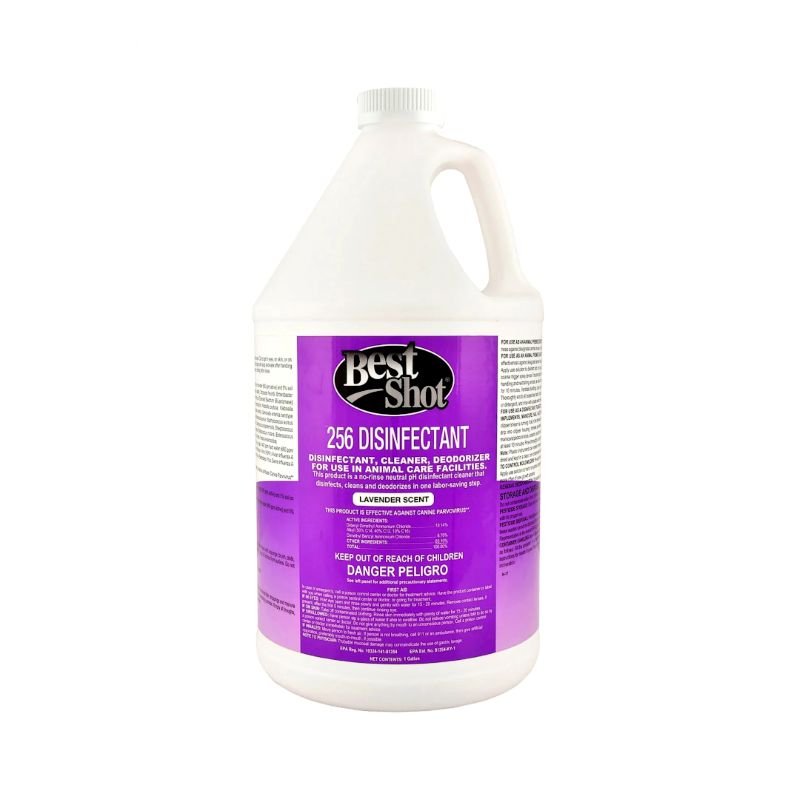 256 Disinfectant by Best Shot is a concentrated disinfectant that cleans and deodorizes general surfaces and tools using a non-corrosive pH neutral formula that is effective against a broad-spectrum of viruses, bacteria and fungus. Safe to use on combs, scissors, clipper blades, nail trimers and carpets. Lavender Fragrance.