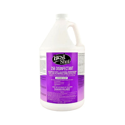 256 Disinfectant by Best Shot is a concentrated disinfectant that cleans and deodorizes general surfaces and tools using a non-corrosive pH neutral formula that is effective against a broad-spectrum of viruses, bacteria and fungus. Safe to use on combs, scissors, clipper blades, nail trimers and carpets. Lavender Fragrance.