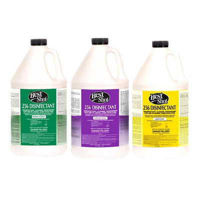 256 Disinfectant by Best Shot is a concentrated disinfectant that cleans and deodorizes general surfaces and tools using a non-corrosive pH neutral formula that is effective against a broad-spectrum of viruses, bacteria and fungus. Safe to use on combs, scissors, clipper blades, nail trimers and carpets.