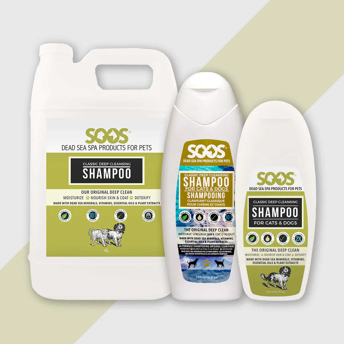 Soos™ Natural Deep Cleansing Pet Shampoo deep cleans and detoxify while moisturizing hair and skin to improve overall health. Its ideal as a first shampoo if using a multi-bath system. Dead Sea minerals with natural antioxidant, antiseptic, antibacterial and anti-yeast properties gently clean, calm and cleanse.  