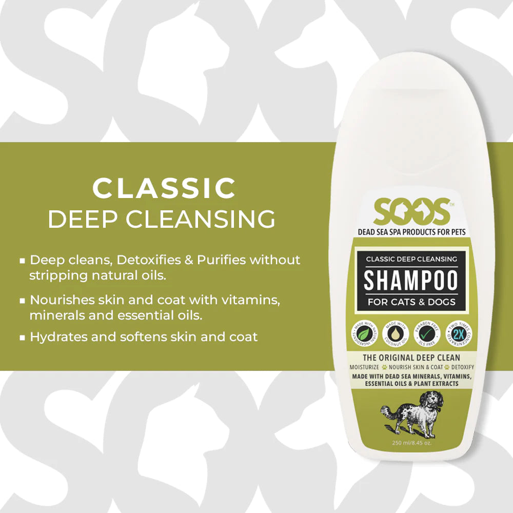 Soos™ Natural Deep Cleansing Pet Shampoo deep cleans and detoxify while moisturizing hair and skin to improve overall health. Its ideal as a first shampoo if using a multi-bath system. Dead Sea minerals with natural antioxidant, antiseptic, antibacterial and anti-yeast properties gently clean, calm and cleanse.  