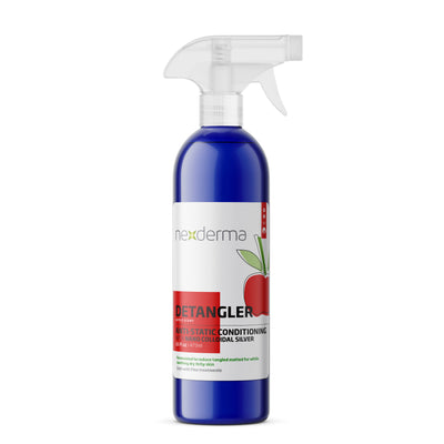 Nexderma's Anti-Static Detangling Conditioning Spray helps comb and de-tangle your pet's fur. No added chemical, safe on all skin types, and silver nanoparticles provide natural antifungal and antimicrobial protection to guard against skin issues, fungal infections, wounds, and more.  Apple 16 oz.