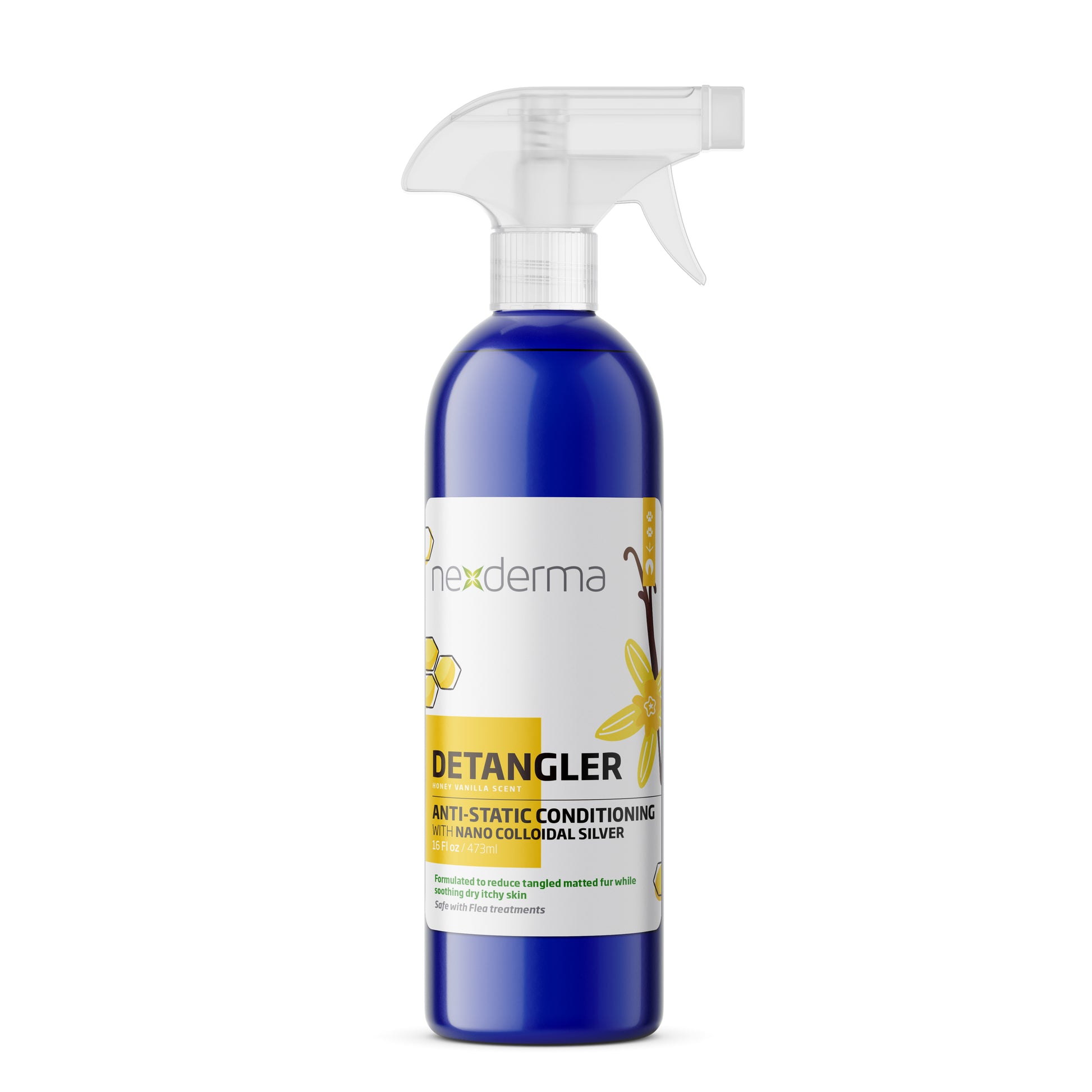 Nexderma's Anti-Static Detangling Conditioning Spray helps comb and de-tangle your pet's fur. No added chemical, safe on all skin types, and silver nanoparticles provide natural antifungal and antimicrobial protection to guard against skin issues, fungal infections, wounds, and more.  Vanilla 16oz.