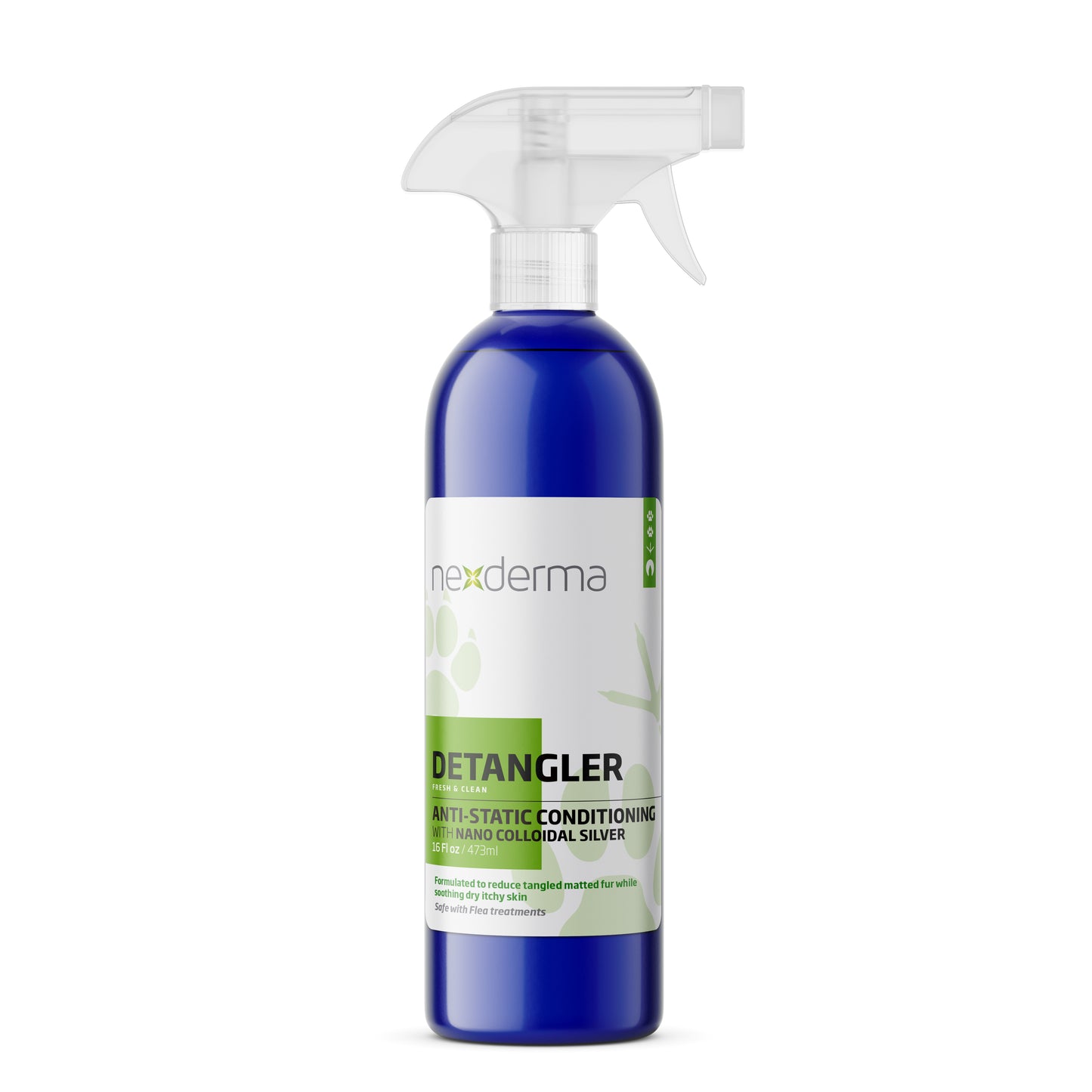 Nexderma's Anti-Static Detangling Conditioning Spray helps comb and de-tangle your pet's fur. No added chemical, safe on all skin types, and silver nanoparticles provide natural antifungal and antimicrobial protection to guard against skin issues, fungal infections, wounds, and more.  Fresh Scent 16 oz.