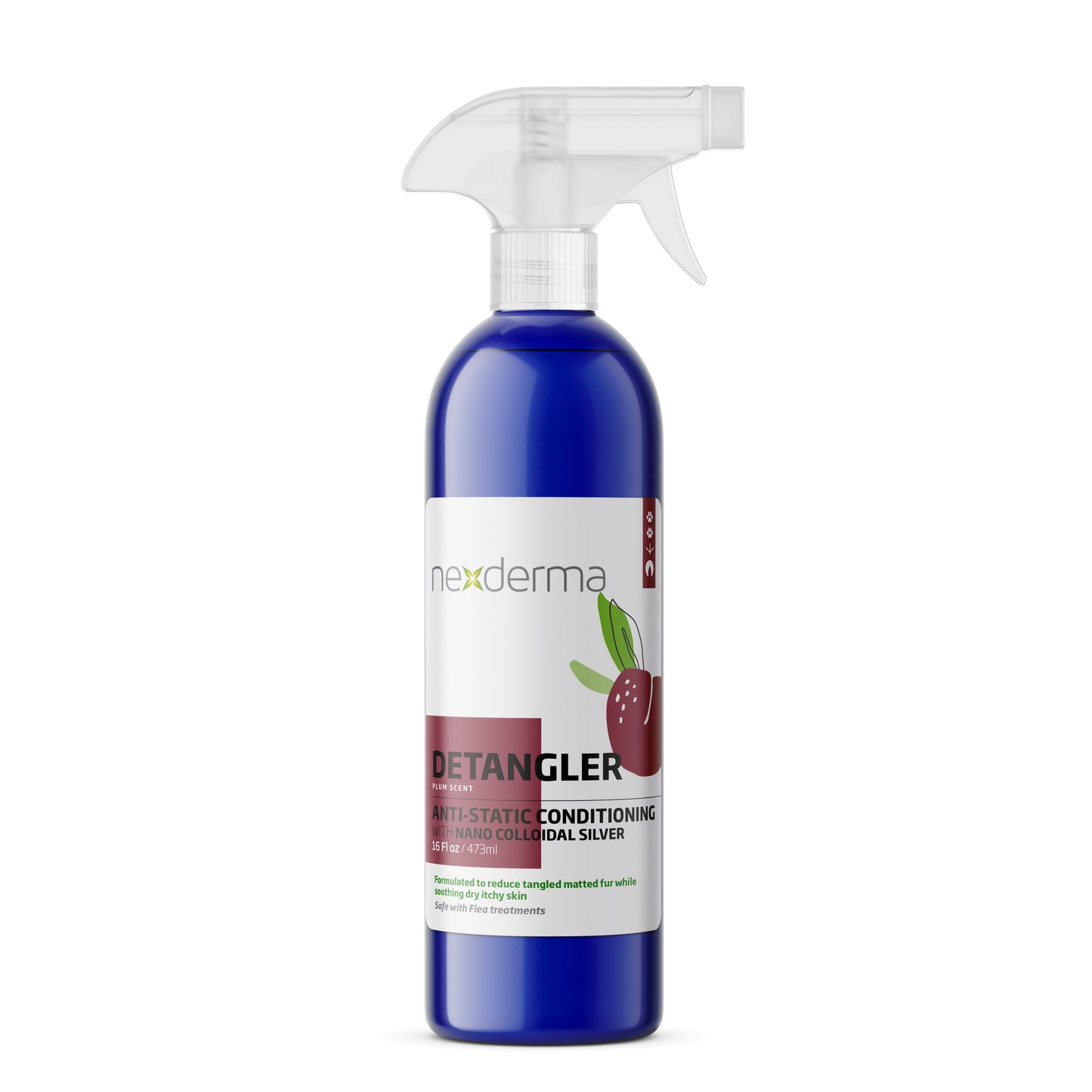 Nexderma's Anti-Static Detangling Conditioning Spray helps comb and de-tangle your pet's fur. No added chemical, safe on all skin types, and silver nanoparticles provide natural antifungal and antimicrobial protection to guard against skin issues, fungal infections, wounds, and more.  Plum 16 oz.