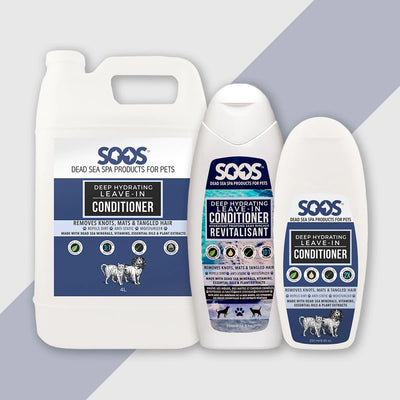 Soos™ Deep Hydrating Leave-In Pet Conditioner is a multi-functional leave-in formula combining Dead Sea minerals with natural oils and vitamins to condition, style, and protect your pet's coat. This non-greasy, anti-static formula can be used as a detangler, styling cream, skin moisturizer and finishing spray. 