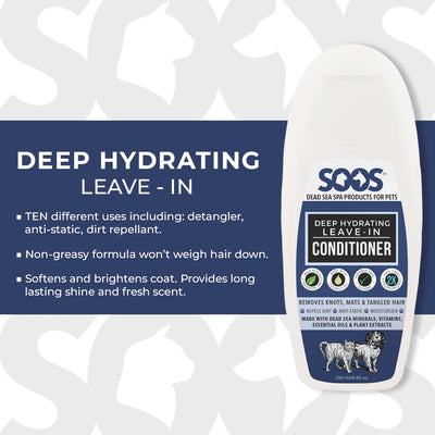 Soos™ Deep Hydrating Leave-In Pet Conditioner is a multi-functional leave-in formula combining Dead Sea minerals with natural oils and vitamins to condition, style, and protect your pet's coat. This non-greasy, anti-static formula can be used as a detangler, styling cream, skin moisturizer and finishing spray.