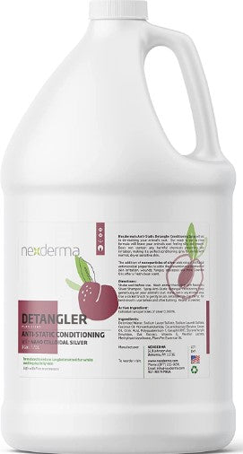 Nexderma's Anti-Static Detangling Conditioning Spray helps comb and de-tangle your pet's fur. No added chemical, safe on all skin types, and silver nanoparticles provide natural antifungal and antimicrobial protection to guard against skin issues, fungal infections, wounds, and more.  Plum 1 Gal.