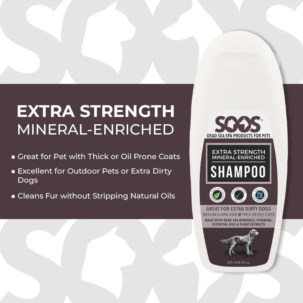 Soos™ Extra Strength Mineral Enriched Pet Shampoo locks in moisture while nourishing the coat with vitamins, essential oils, natural antioxidant, antiseptic, and antibacterial while using properties of Dead Sea minerals and citrus extracts. Great for dogs with medium to long hair and thick or oil-prone coats.  