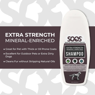 Soos™ Extra Strength Mineral Enriched Pet Shampoo locks in moisture while nourishing the coat with vitamins, essential oils, natural antioxidant, antiseptic, and antibacterial while using properties of Dead Sea minerals and citrus extracts. Great for dogs with medium to long hair and thick or oil-prone coats.  